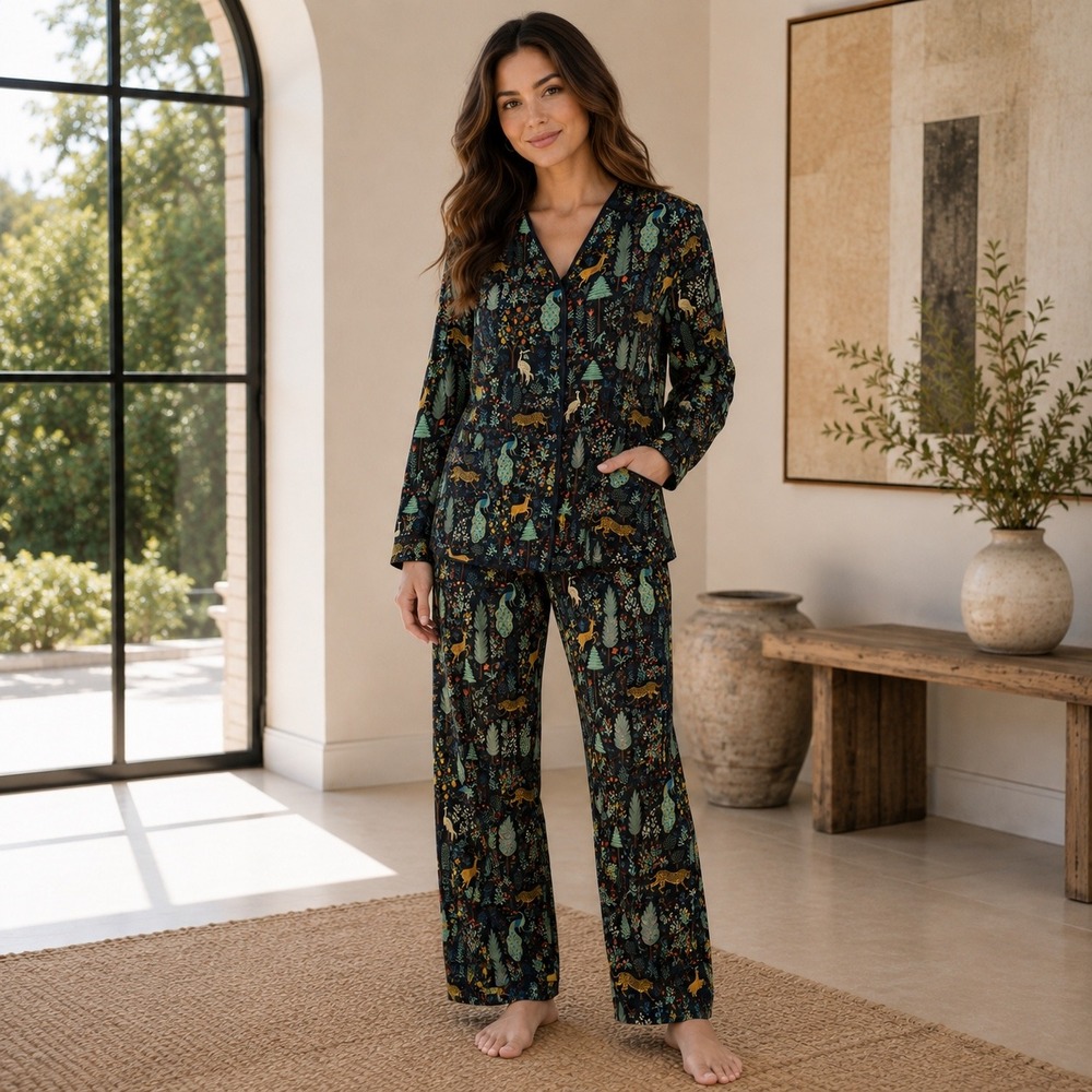 Summersalt Pajama Set Women Medium Black Enchanted Forest Animal Print Sleepwear